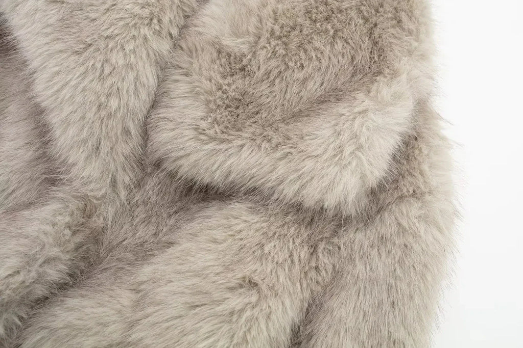 TRAFZA Women Fashion Cropped Faux Fur Jacket Coat Long Sleeve Front Snap-button Female Outerwear Chic Lapel Collar Thick Coat