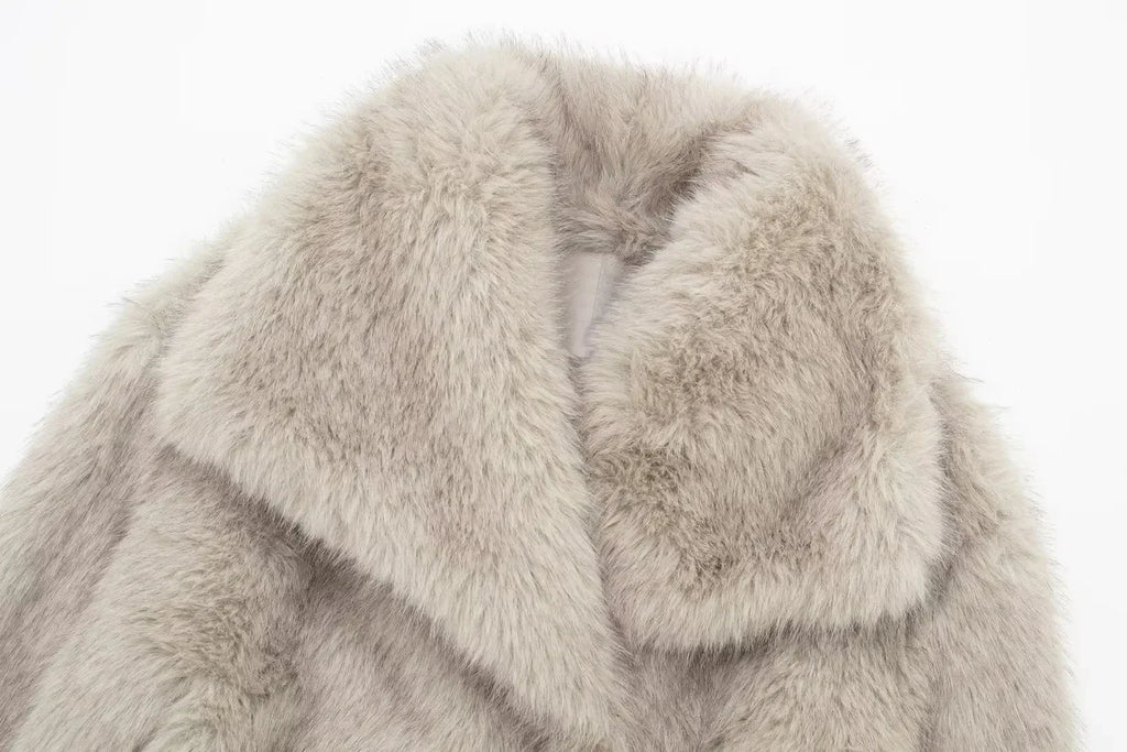 TRAFZA Women Fashion Cropped Faux Fur Jacket Coat Long Sleeve Front Snap-button Female Outerwear Chic Lapel Collar Thick Coat
