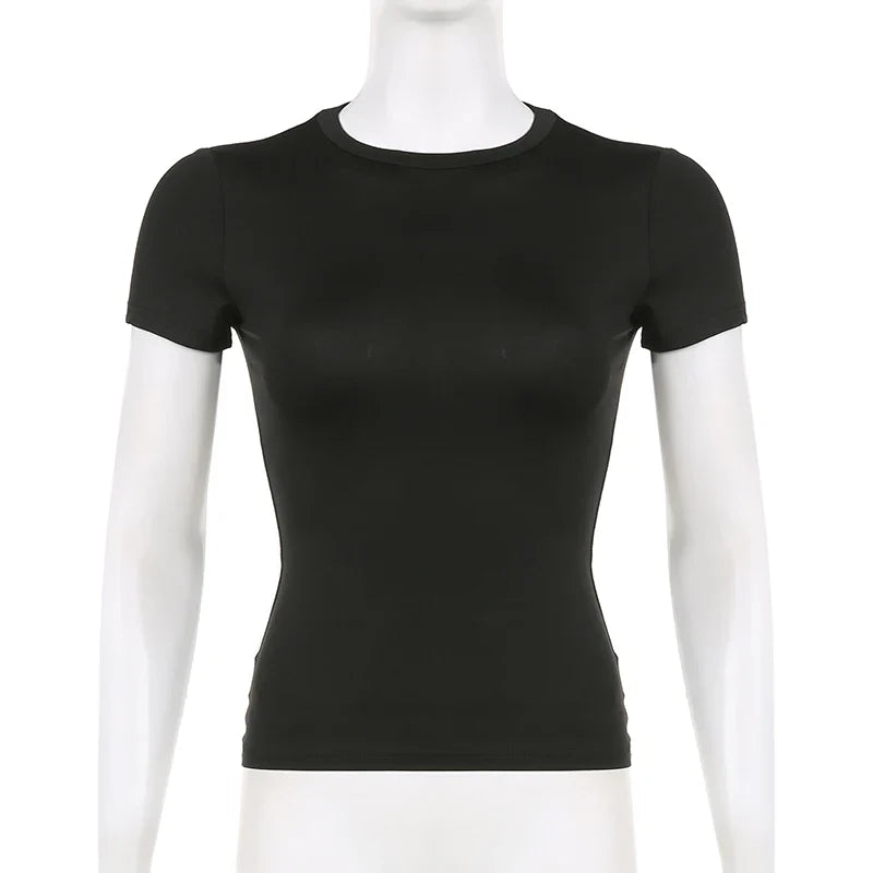 Basic Solid Crop Top Short Sleeve Crewneck Skinny T-shirt Summer Casual Tee for Women Y2K Vintage Top Harajuku Streetwear