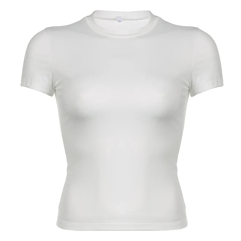 Basic Solid Crop Top Short Sleeve Crewneck Skinny T-shirt Summer Casual Tee for Women Y2K Vintage Top Harajuku Streetwear