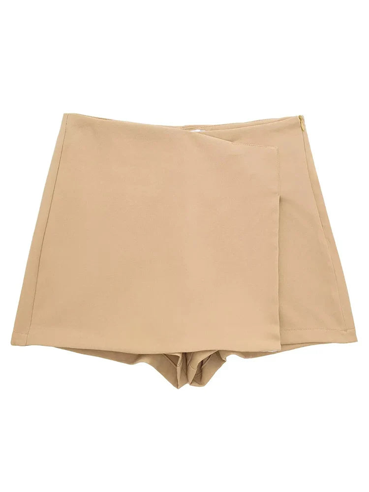 Willshela Women Fashion Solid Asymmetrical Side Zipper Skirts Shorts Vintage High Waist Female Chic Lady Shorts