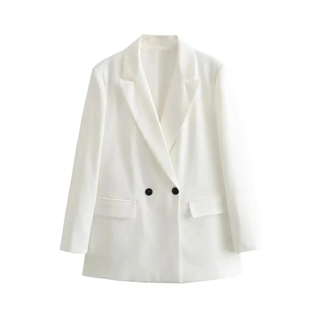 TRZA Women Fashion Double Breasted Loose Fitting Blazer Coat Vintage Long Sleeve Pockets Female Outerwear Chic Veste Femme